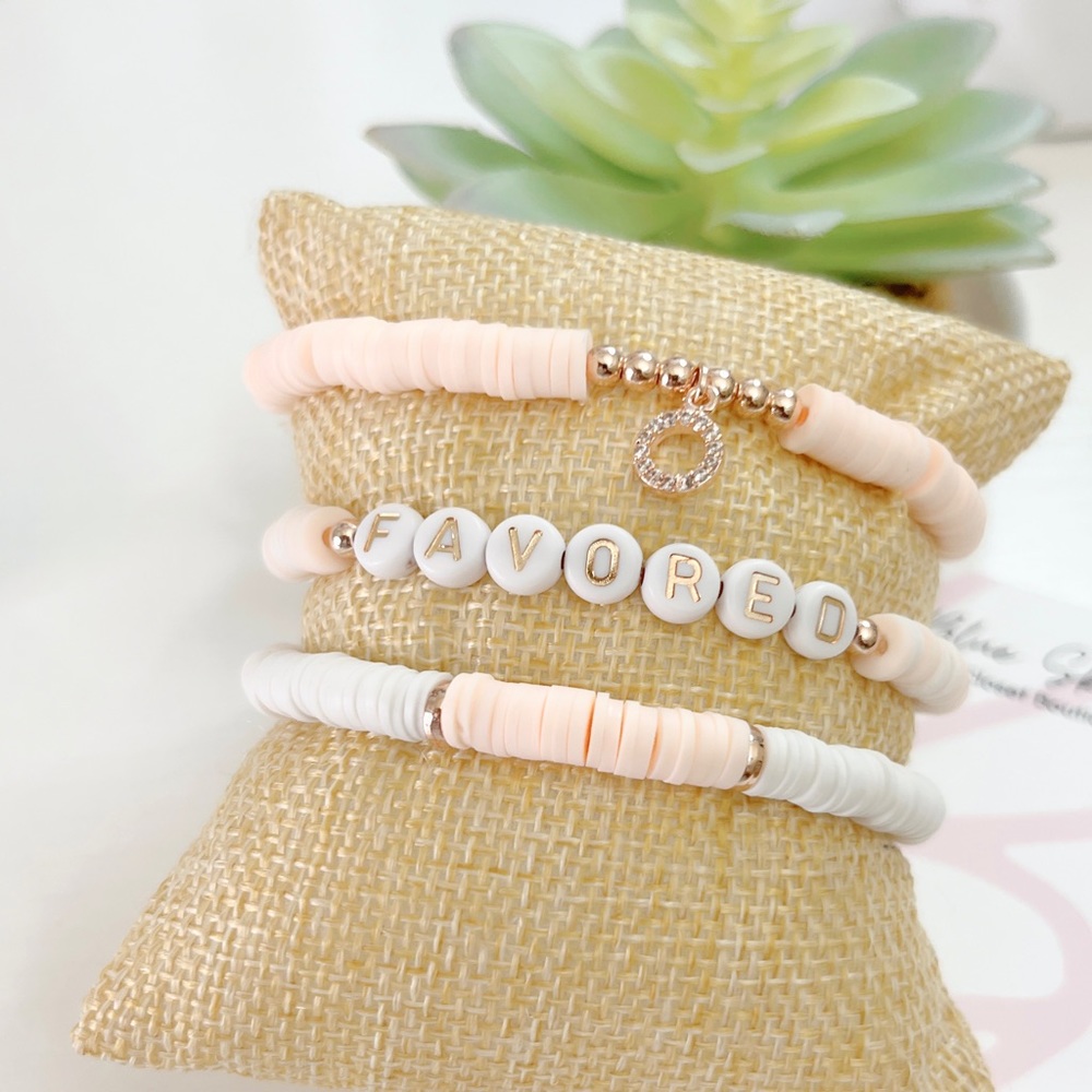 Light Peach and White Heishi Favored Bracelet Stack